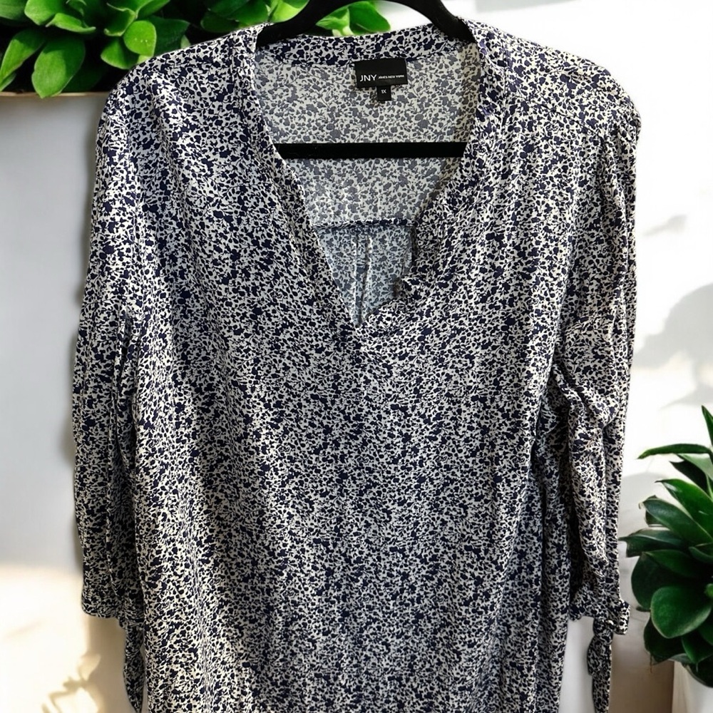 Jones New York Navy & White Floral Print Blouse | Women's Size 1X